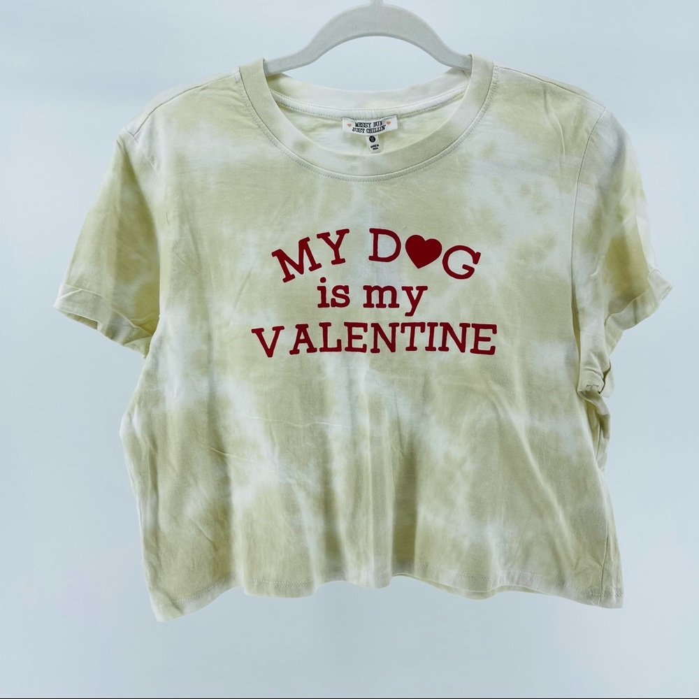NWT “My Dog is My Valentine" Cropped Neutral Tie-Dye Tee, Women’s Medium